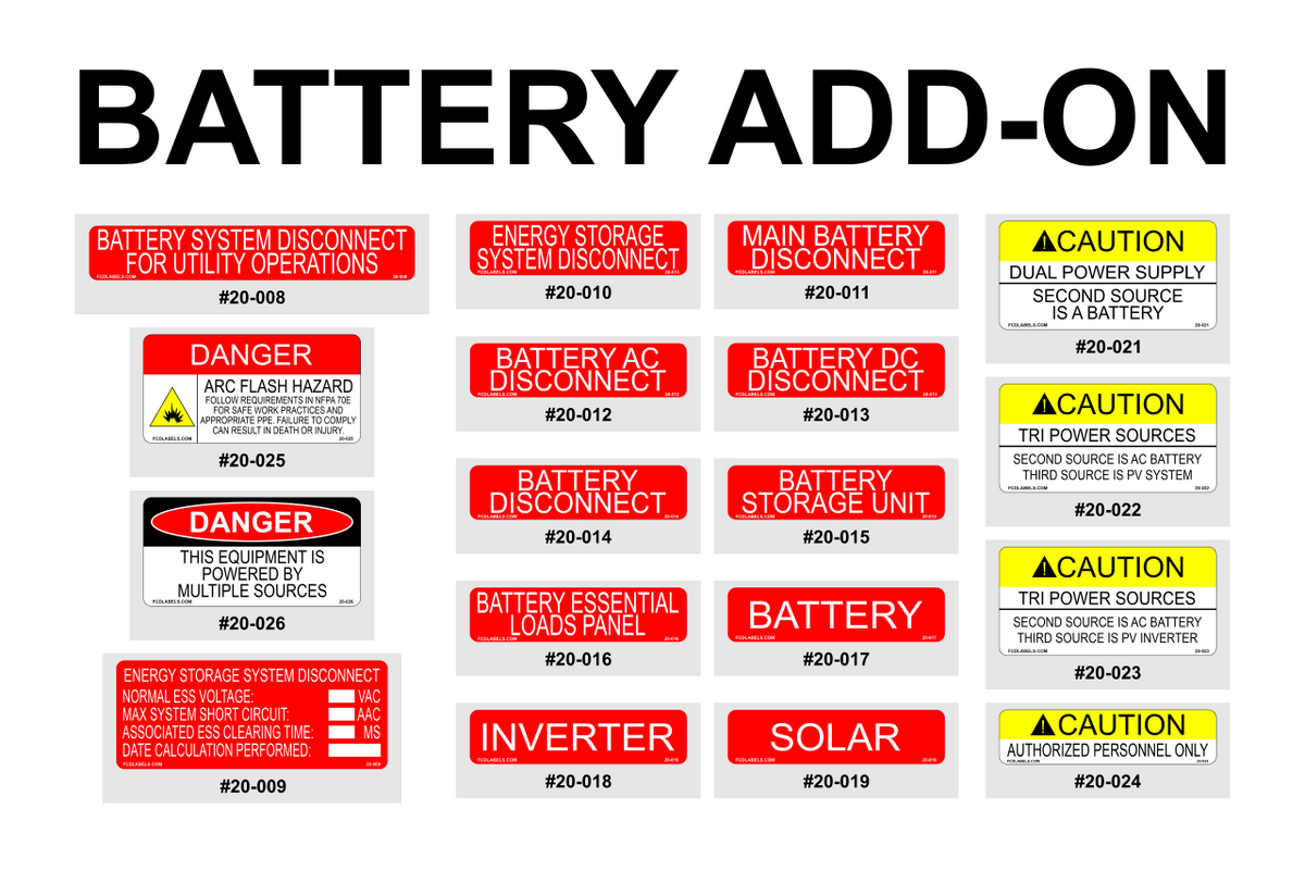 FCD Labels 20-027 battery add-on label pack (2020 NEC): sheet of 18 battery and energy storage system warning labels