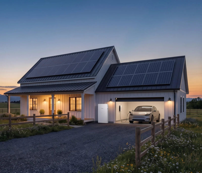 Farmhouse with rooftop solar, a wall-mounted battery and an EV charging in the garage