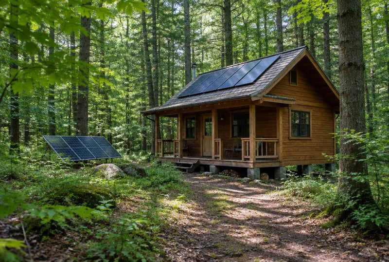 Off-grid timber cabin with rooftop and ground-mounted solar panels