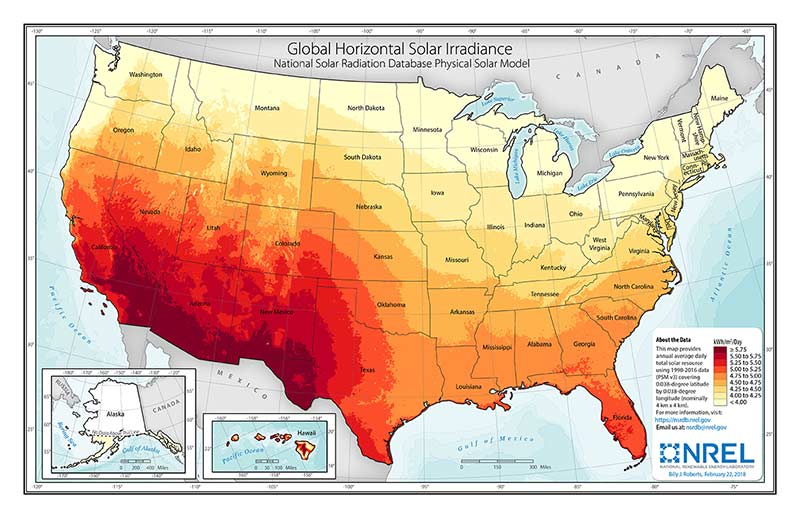map of solar irradiance in the United States