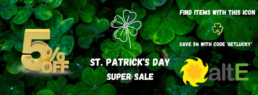 an image of clovers with text advertising 5% off at altE Store for St. Patrick's Day